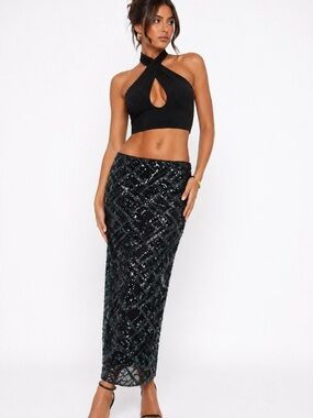 AKIRA Green Sequin Midi Skirt Size Small | High Slit Glam Skirt NWT